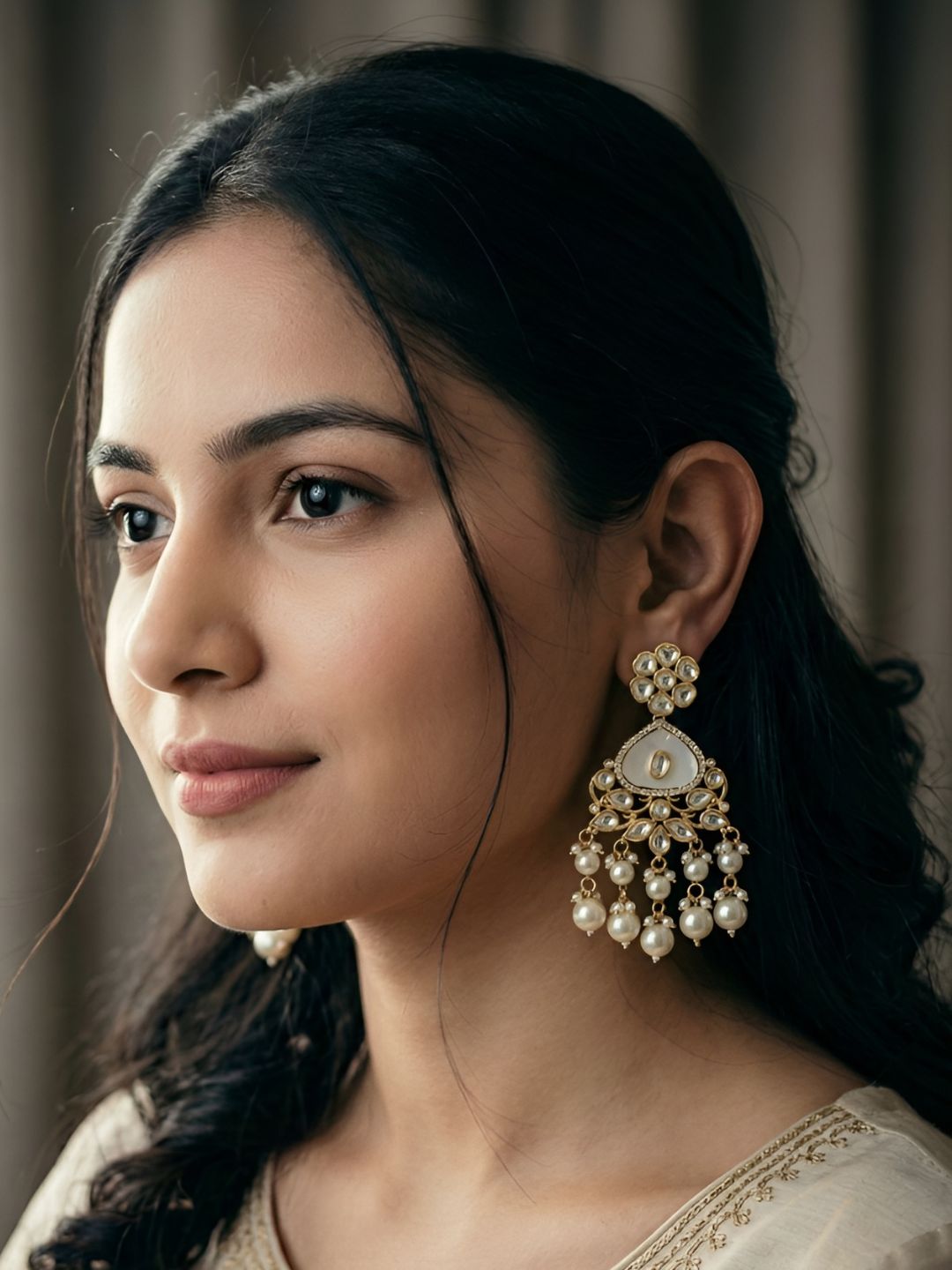 Elegant Gold Plated Mother Of Pearl And Kundan Earrings For Weddings - Statement pearl kundan  Earrings