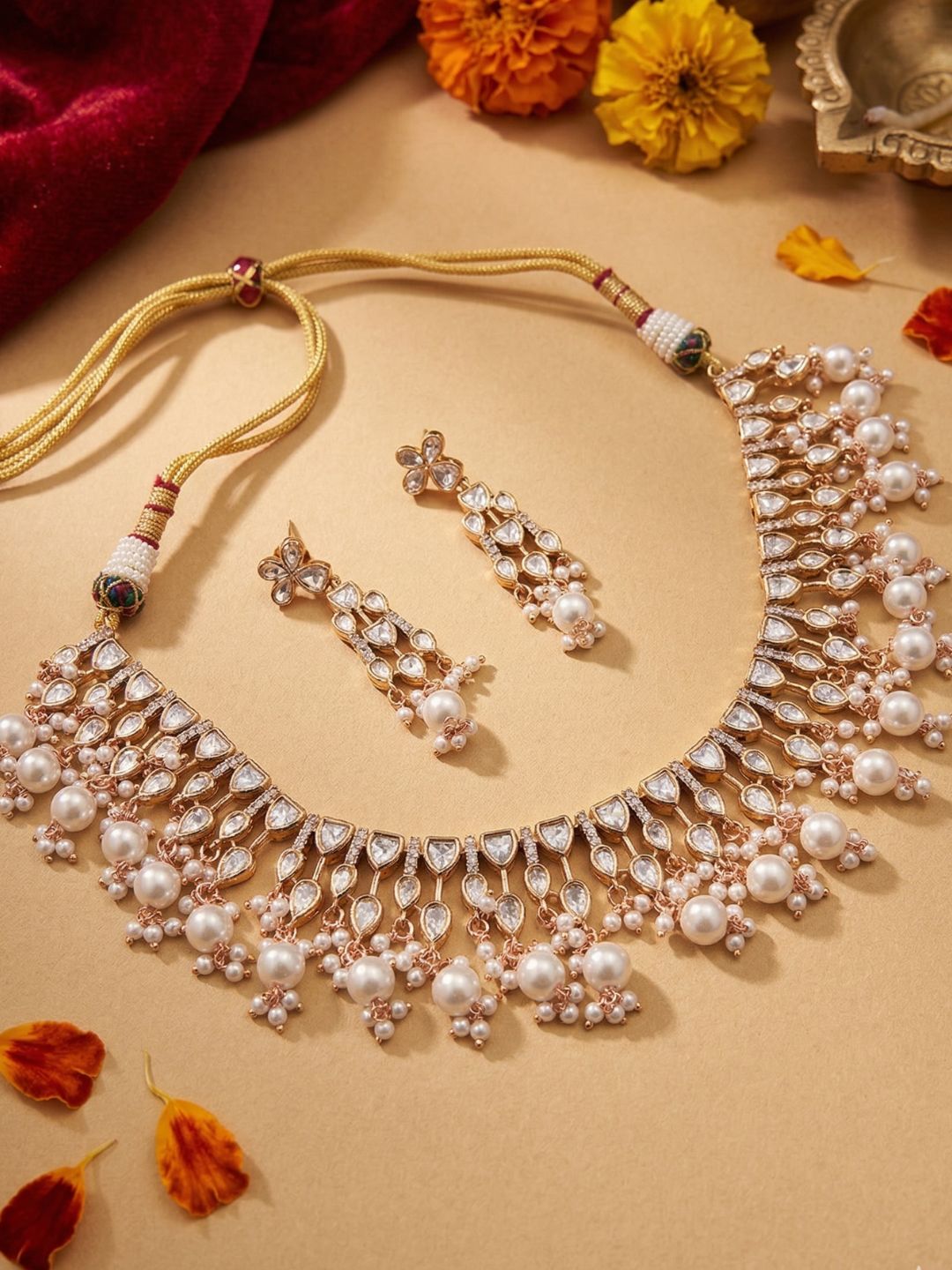 Elegant Gold Plated Polki Kundan pearls beaded Necklace Set For Weddings And Parties