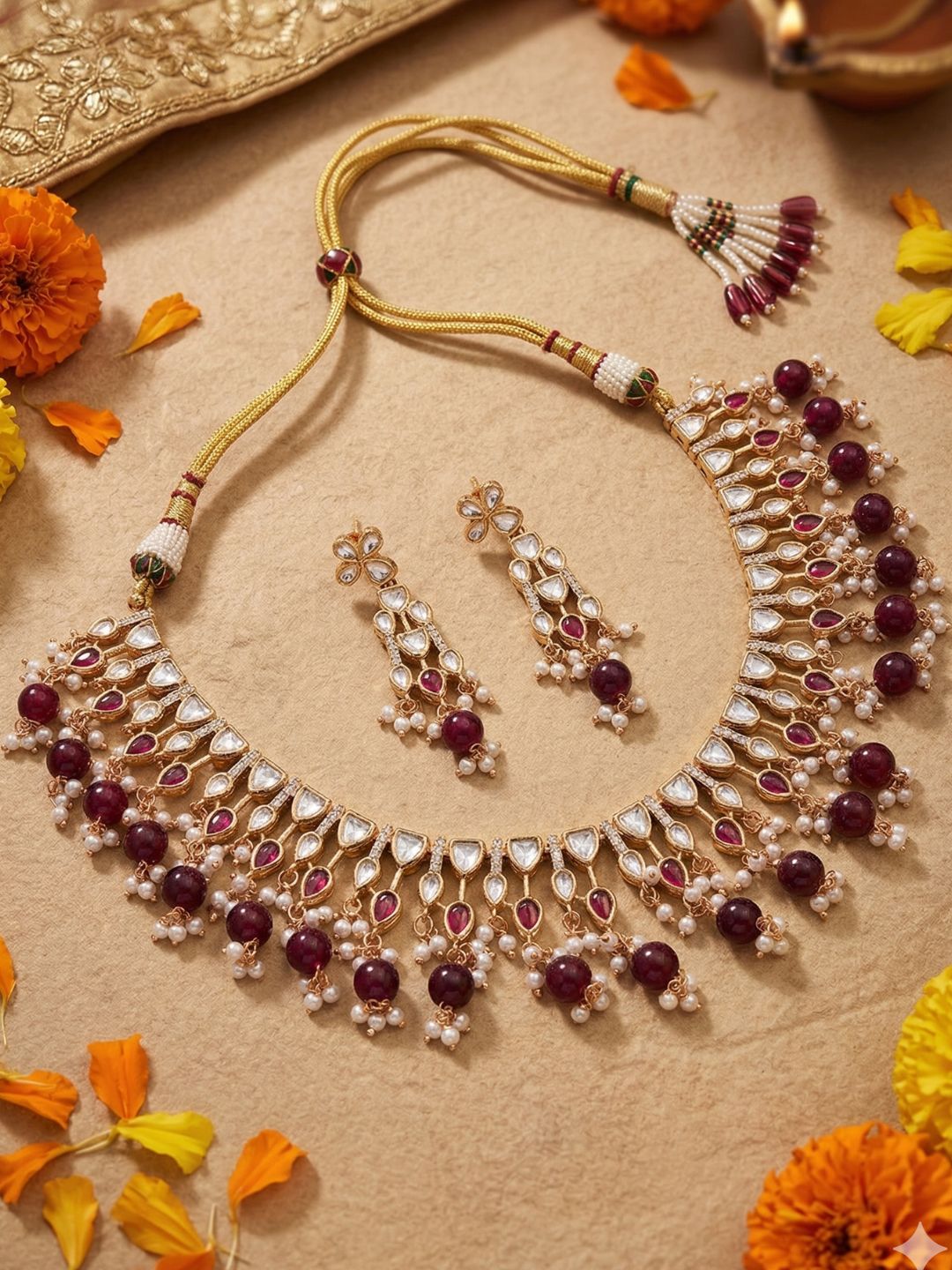Elegant Gold Plated red beaded Polki Kundan Necklace Set For Weddings And Parties