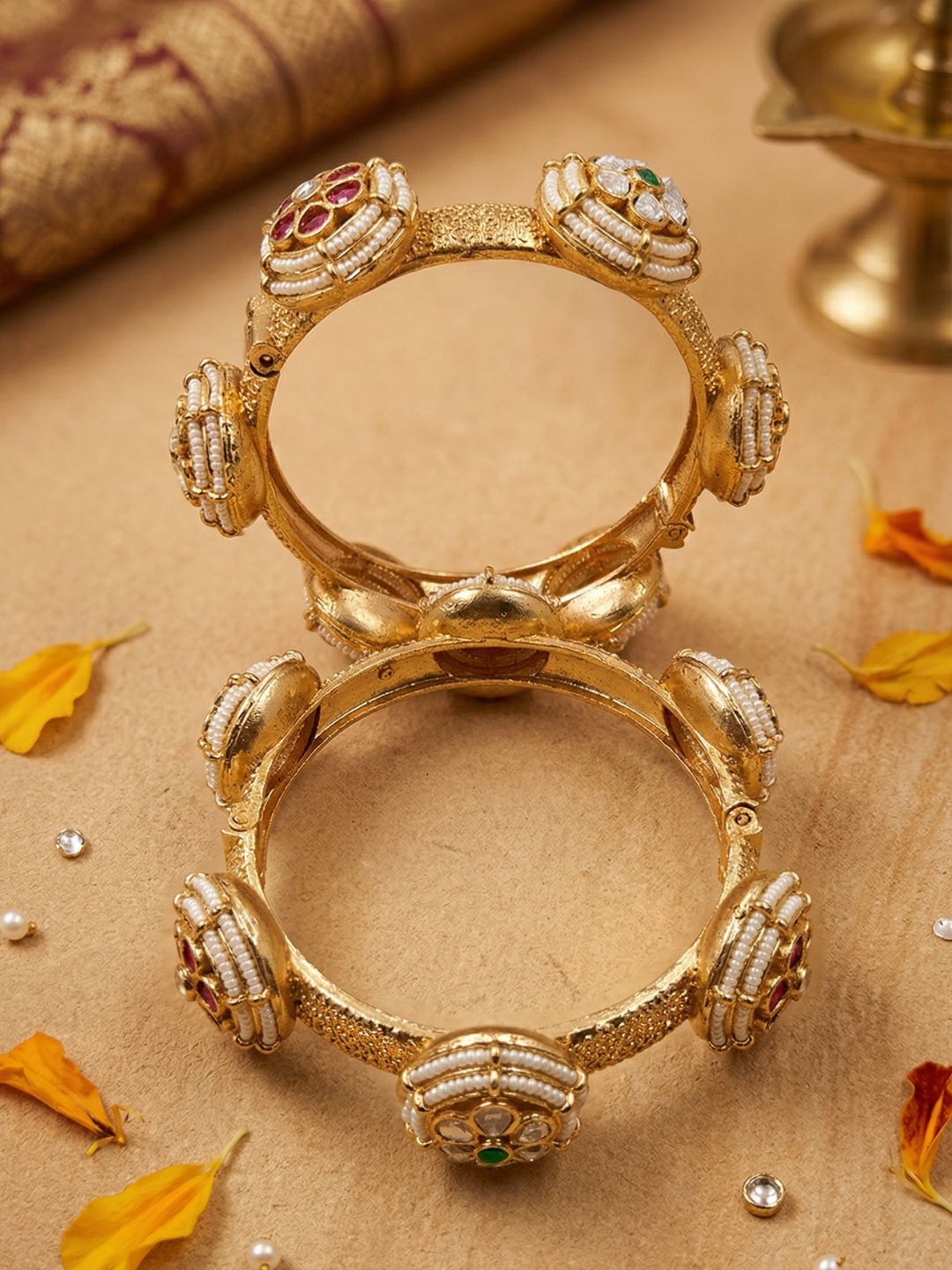 Traditional Gold Plated Kundan Kada Bangles For Women - Wedding & Party Wear
