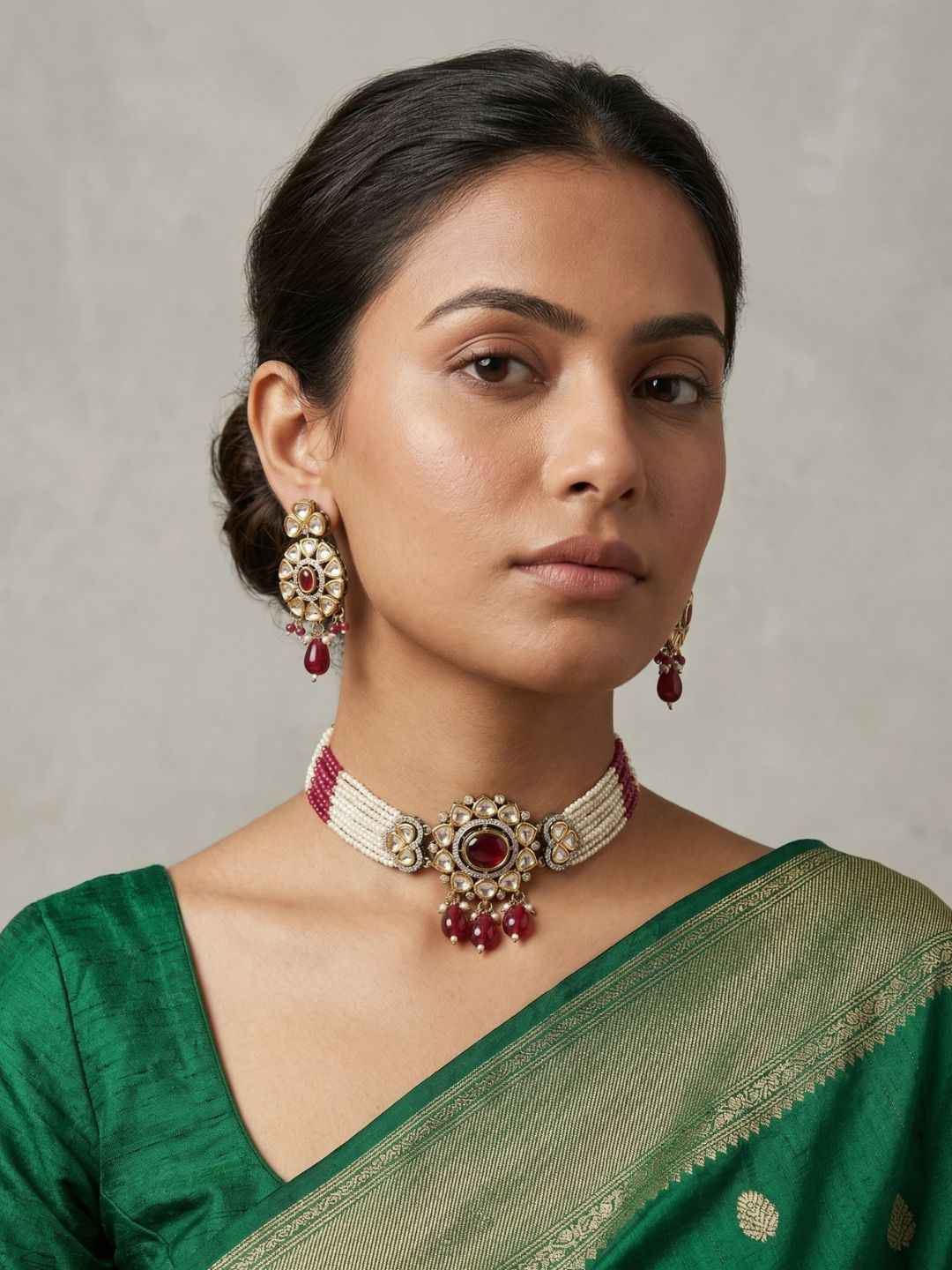 Dual Tone Mossanite Polki Beaded Choker Necklace Set - Wedding & Festive Wear