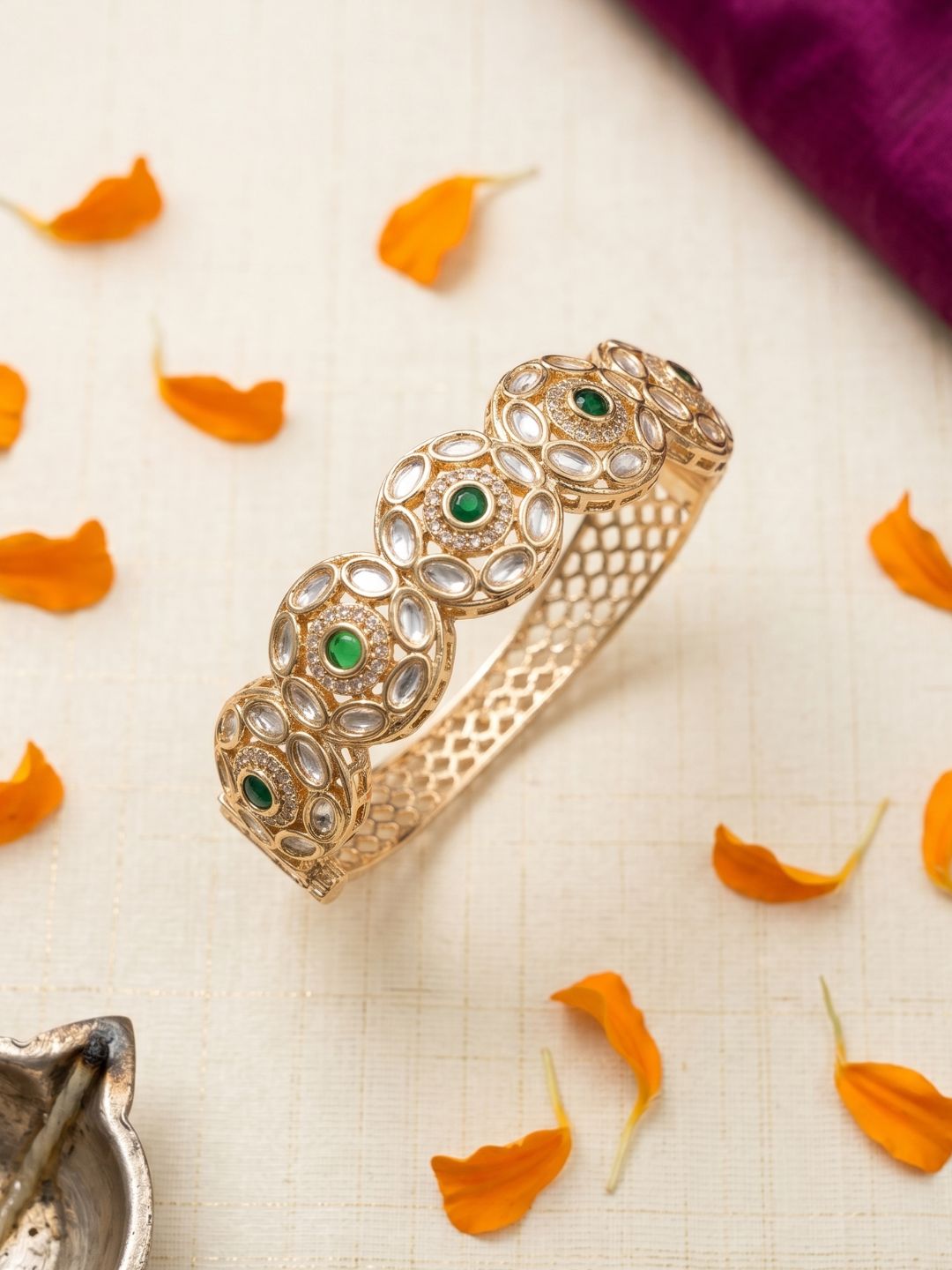 Elegant Next To Real Party & Wedding Wear Openable green  Kundan Polki Bracelet For Women