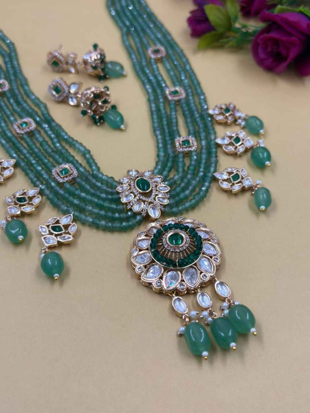 Traditional Green Stone Beaded Kundan Necklace Set for Women | Wedding & Festive Jewellery