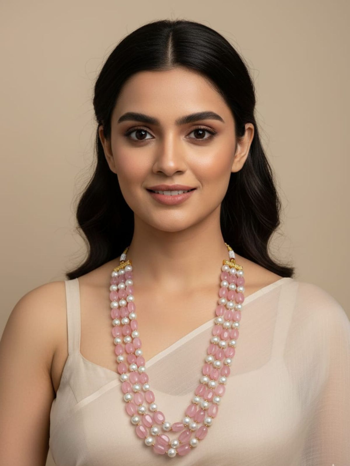 Elegant Three-Layered baby pink Jade And Pearl Beaded Necklace – Handcrafted Gemstone Jewelry