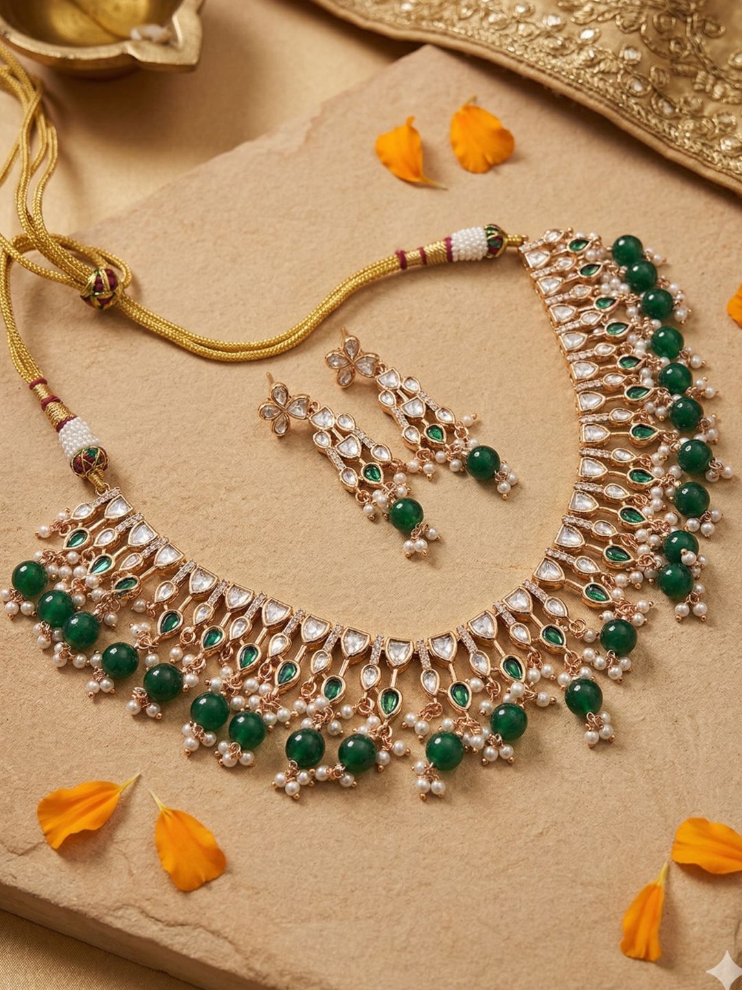 Elegant Gold Plated green beaded Polki Kundan Necklace Set For Weddings And Parties