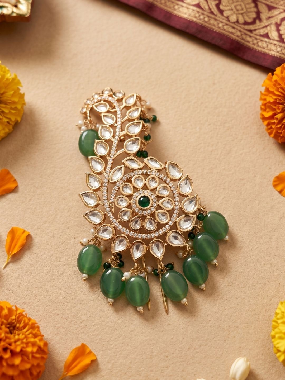 Traditional Rajputi Look Kundan Polki Kalangi For Safa | green Kalgi For Turban