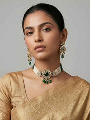 Dual Tone Mossanite Polki Beaded Choker Necklace Set - Wedding & Festive Wear