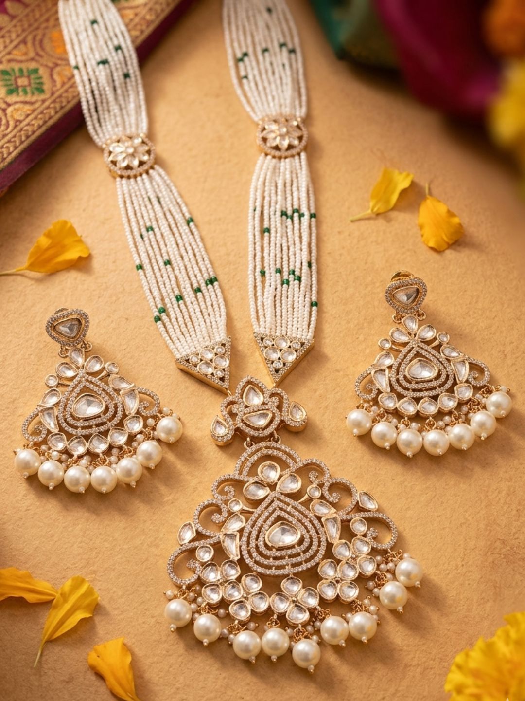 Long Mossanite Polki Pendant Necklace Set With Beaded Pearls - Luxury Wedding Necklace