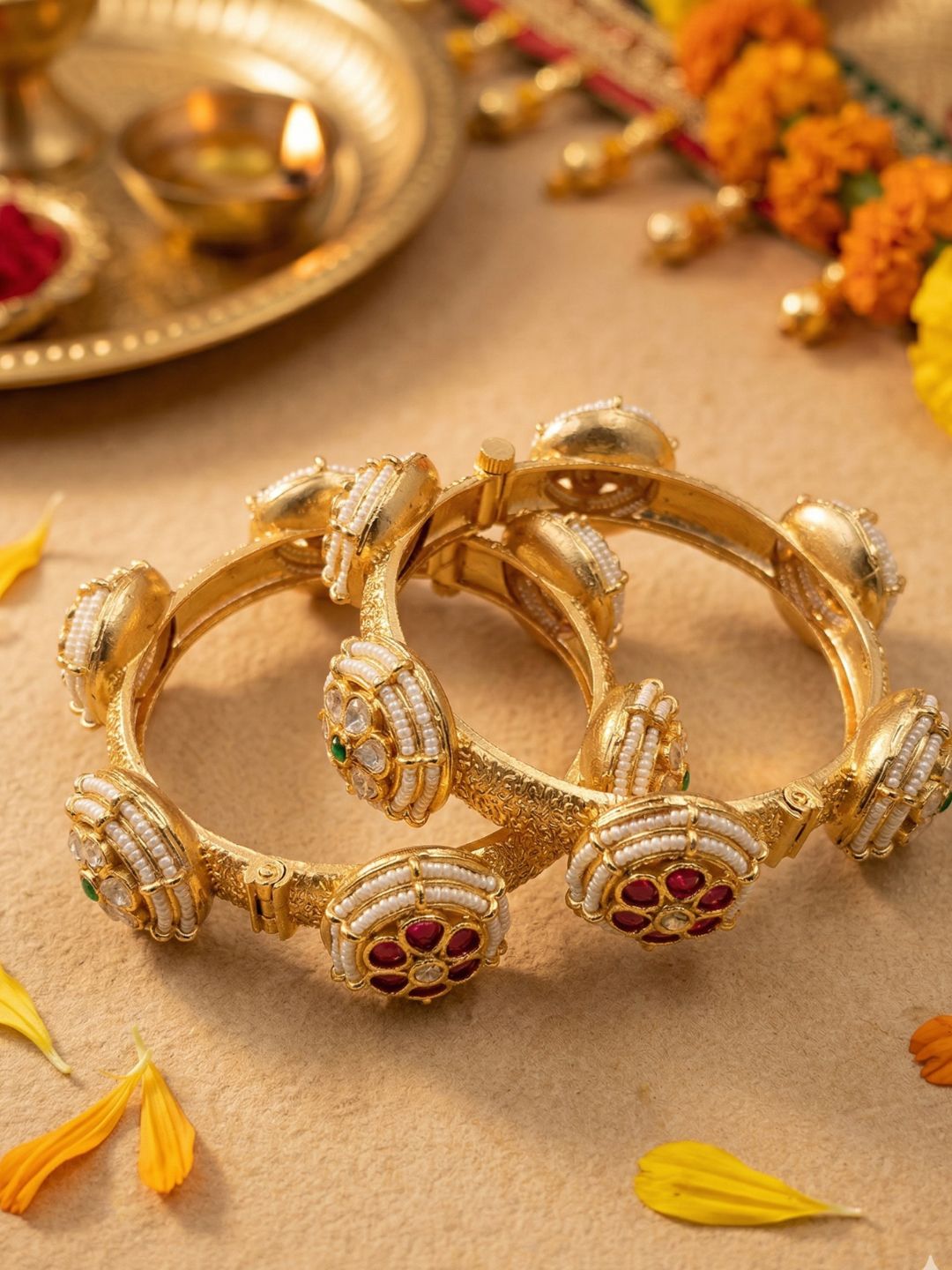 Traditional Gold Plated Kundan Kada Bangles For Women - Wedding & Party Wear