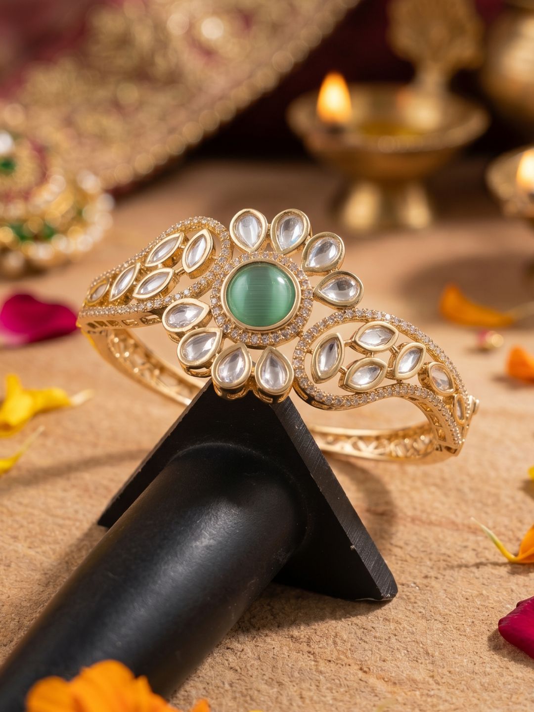 Ethnic Openable Mint Green Kundan Kada Bracelet For Women | Wedding And Party Wear Bracelet