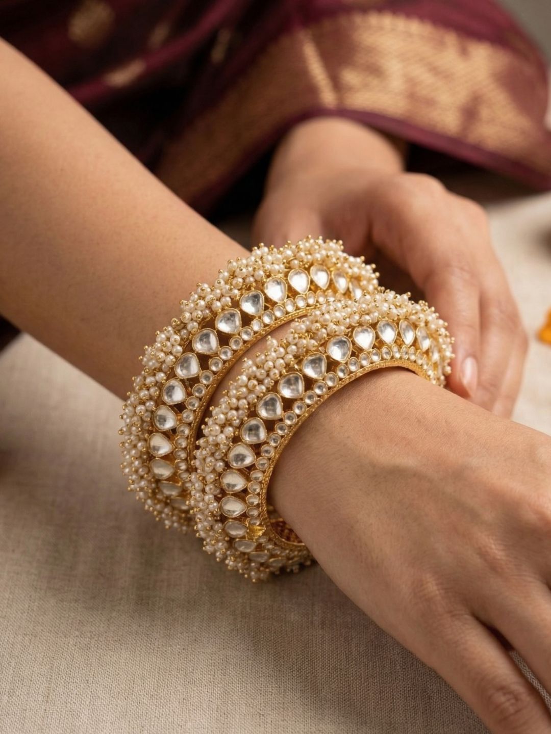 Traditional Gold Plated Jadau Pacheli Bangles For Women - Wedding & Festive Wear Kundan Bangles