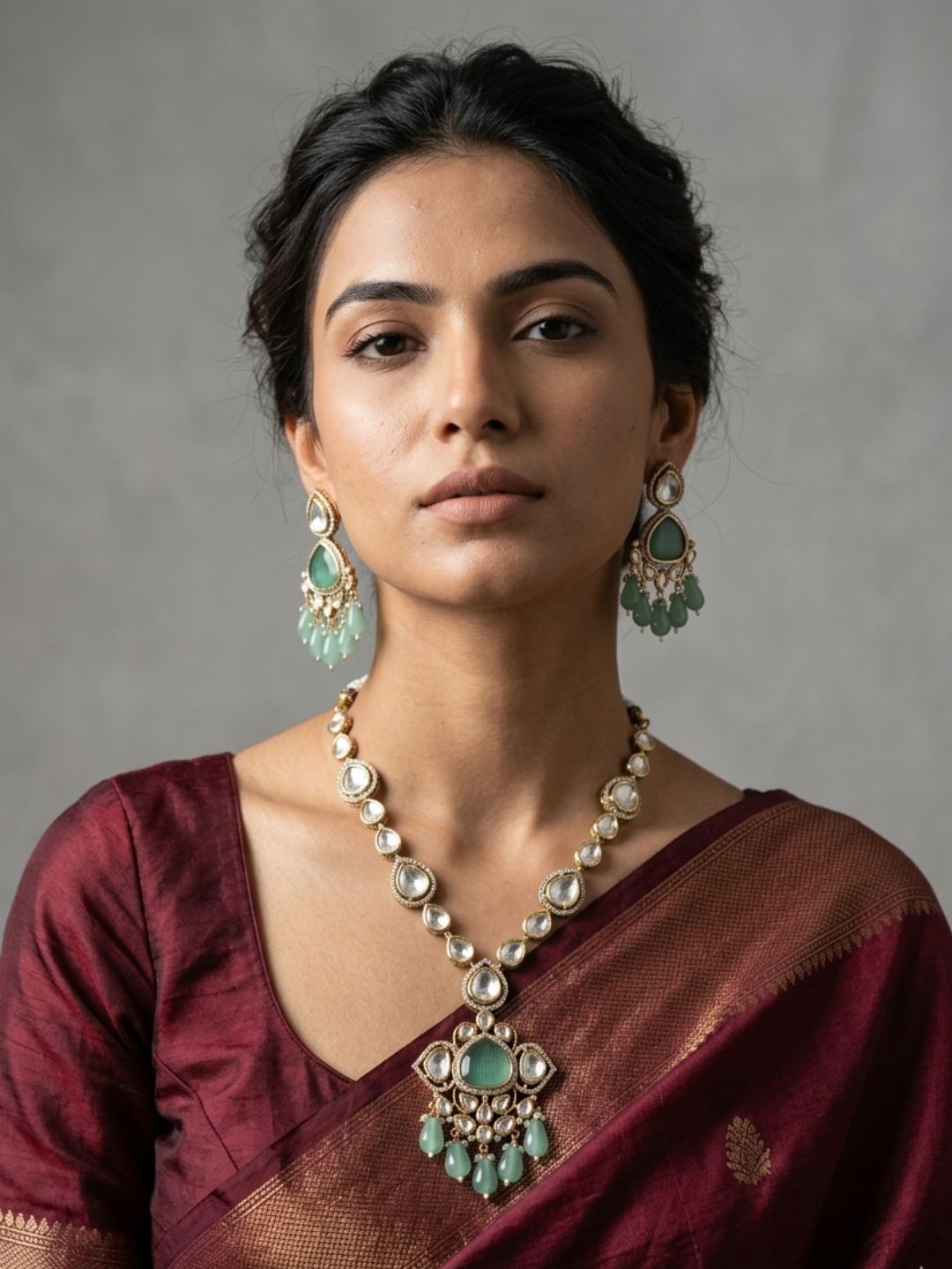 Exquisite Gold Plated mint green Polki Kundan Pendant Necklace Set | Wedding And Party Wear Statement Jewellery