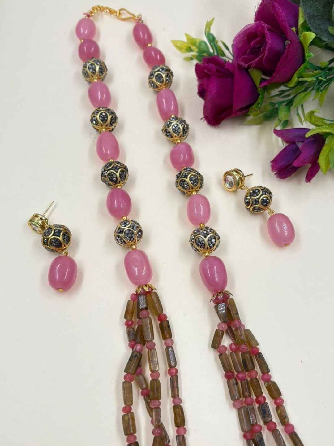 Handcrafted Pink And Green Jade Gemstone Beaded Necklace Set - Traditional And Ethnic Wear