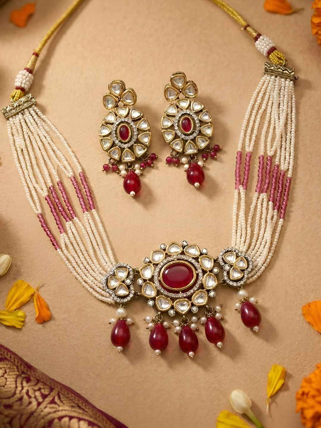 Dual Tone Mossanite Polki Beaded Choker Necklace Set - Wedding & Festive Wear
