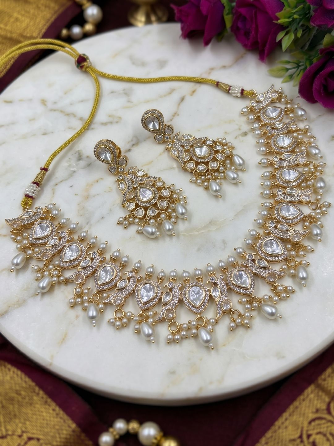 Designer Peacock Design Polki Necklace Set For Weddings And Parties