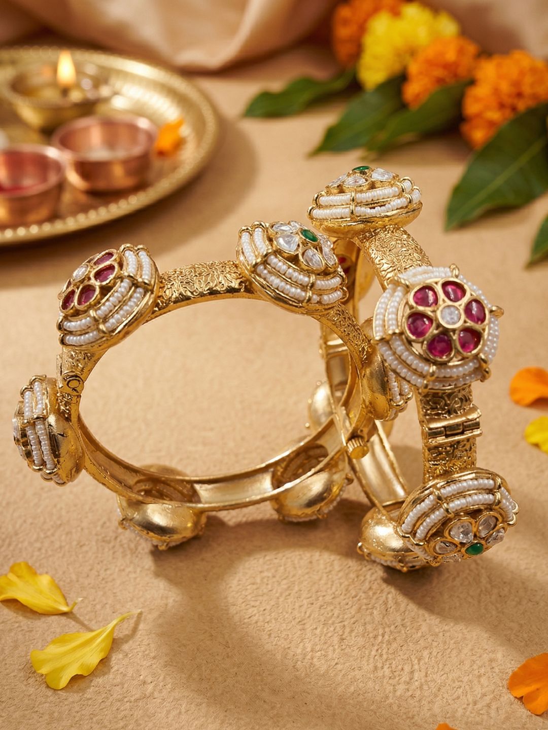 Traditional Gold Plated Kundan Kada Bangles For Women - Wedding & Party Wear