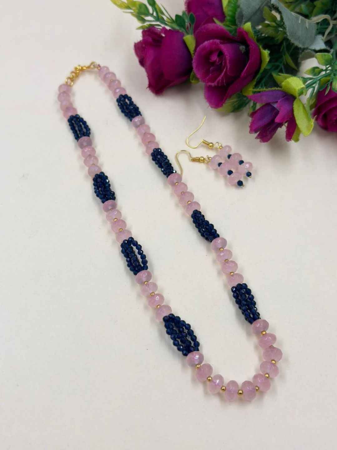Handcrafted Single Layer Blue Hydro And Rose Quartz Beaded Necklace - Festive & Party Wear