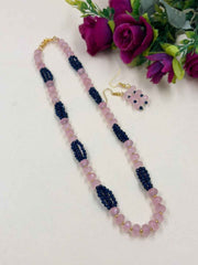 Handcrafted Single Layer Blue Hydro And Rose Quartz Beaded Necklace - Festive & Party Wear