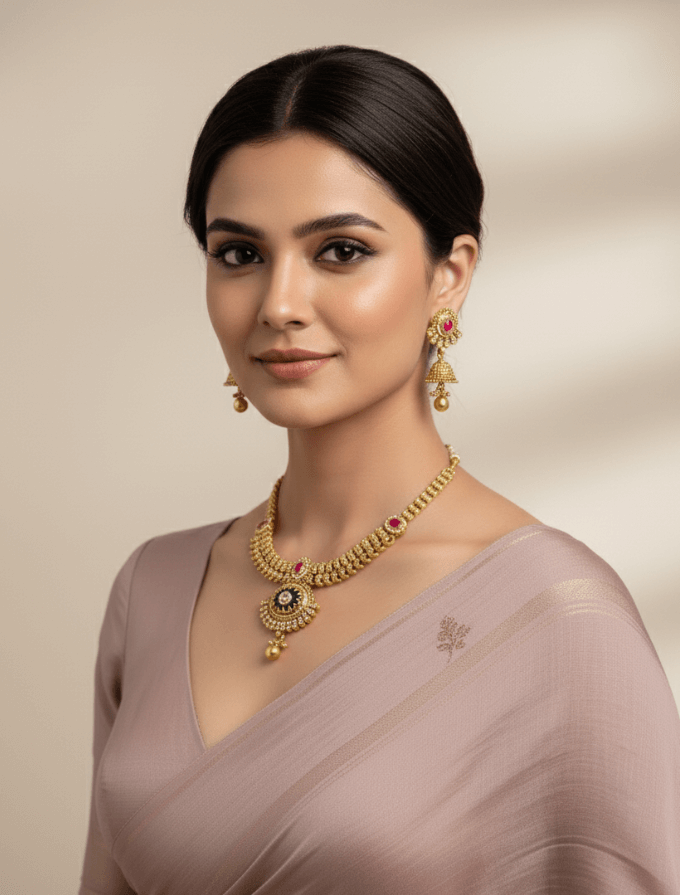 Gold Plated Golden Necklace Set For Women - Traditional Jewellery Set