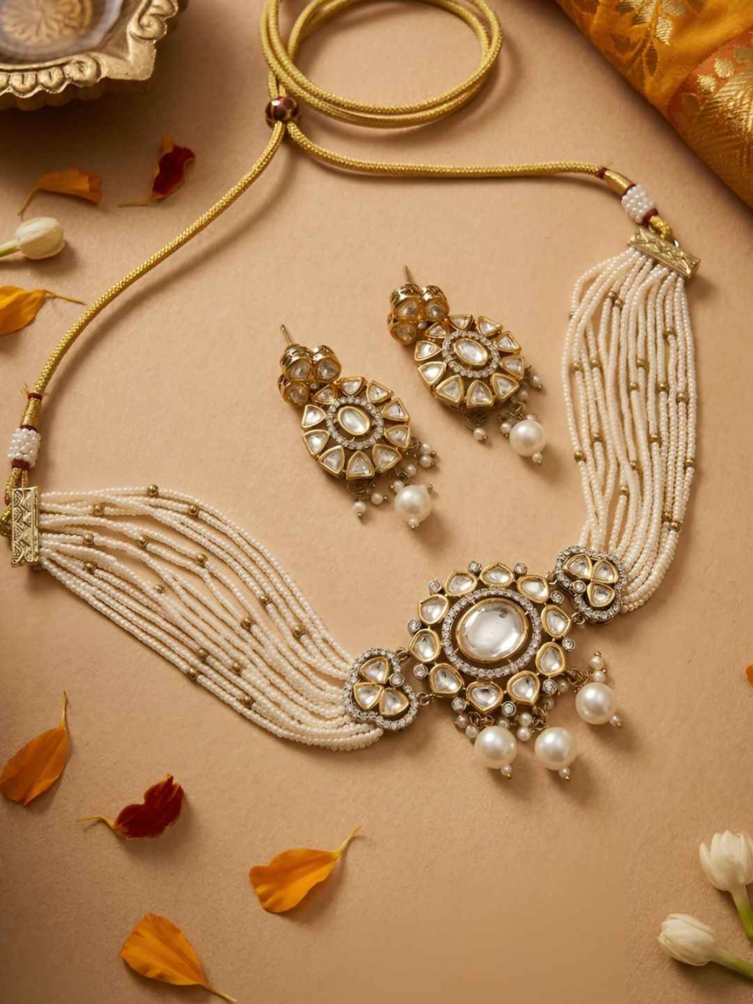 Dual Tone Mossanite Polki Beaded Choker Necklace Set - Wedding & Festive Wear