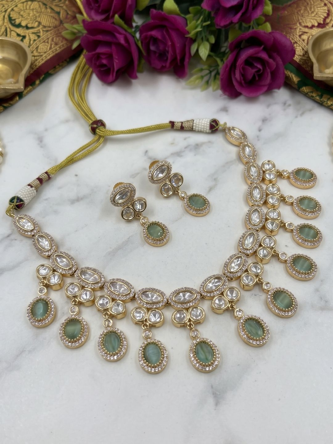 Gold Plated mint green  Polki Kundan Necklace Set With Tikka | Wedding & Festive Jewellery Set