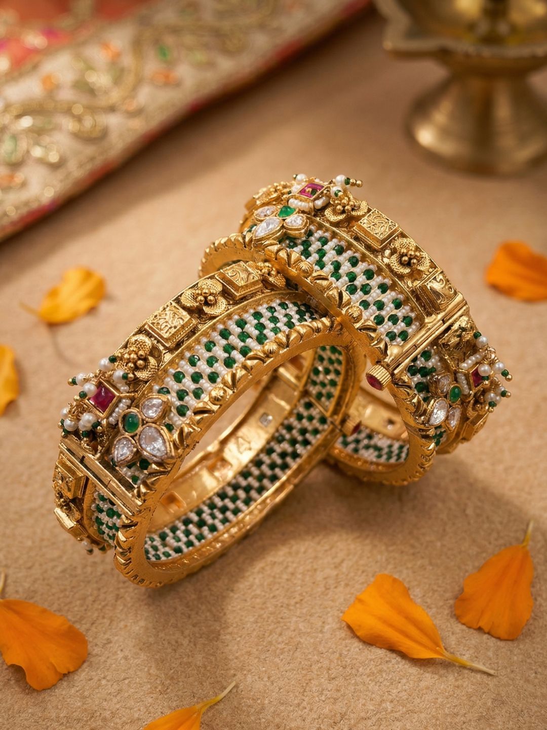 Shrishti Gold Plated Antique Kundan Kada Bangles Set | Green Heritage Bangles