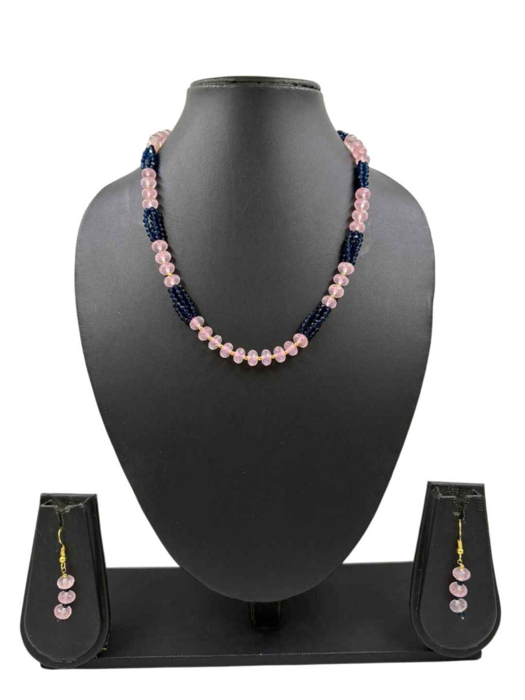 Handcrafted Single Layer Blue Hydro And Rose Quartz Beaded Necklace - Festive & Party Wear