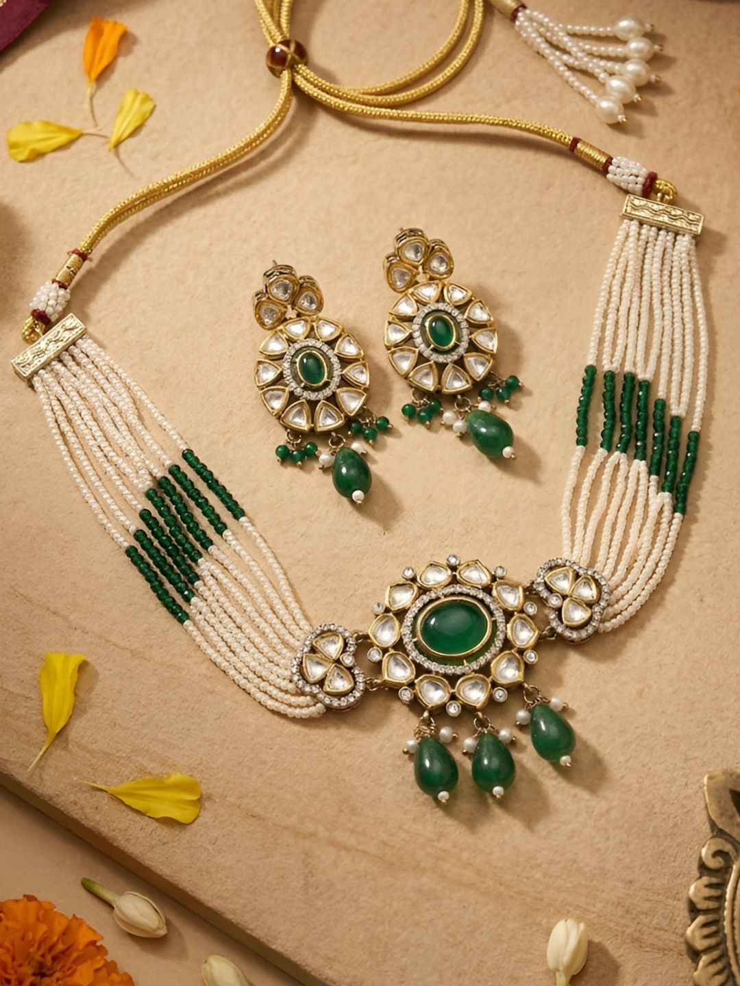 Dual Tone Mossanite Polki Beaded Choker Necklace Set - Wedding & Festive Wear