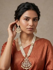 Long Mossanite Polki Pendant Necklace Set With Beaded Pearls - Luxury Wedding Necklace