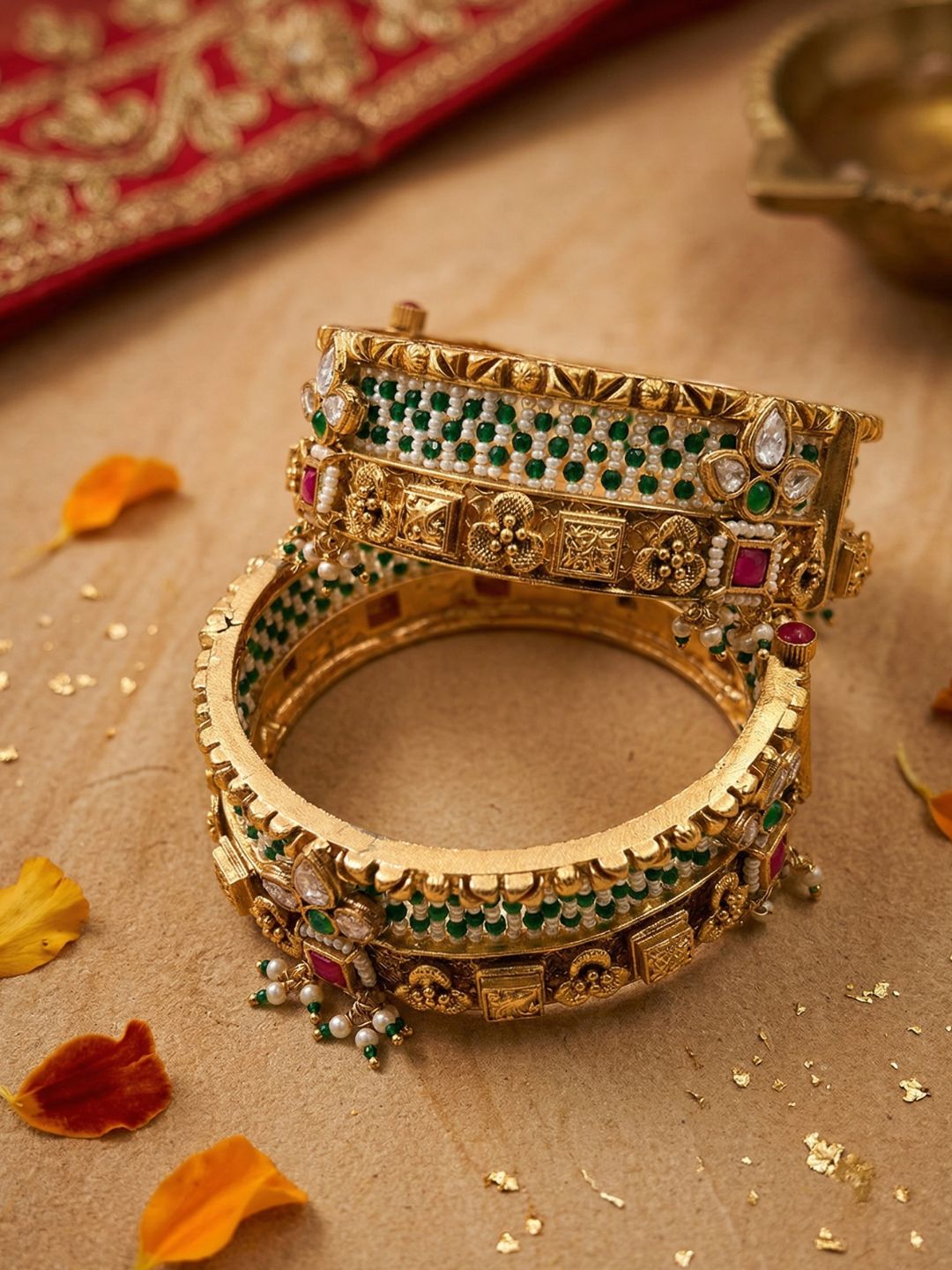 Shrishti Gold Plated Antique Kundan Kada Bangles Set | Green Heritage Bangles