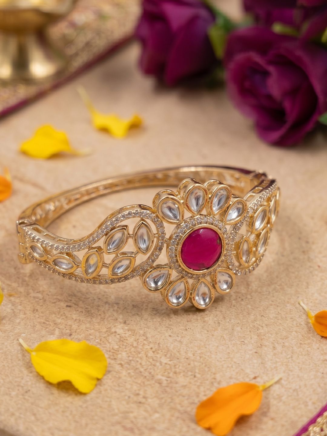 Ethnic Openable Red Kundan Kada Bracelet For Women | Wedding And Party Wear Bracelet