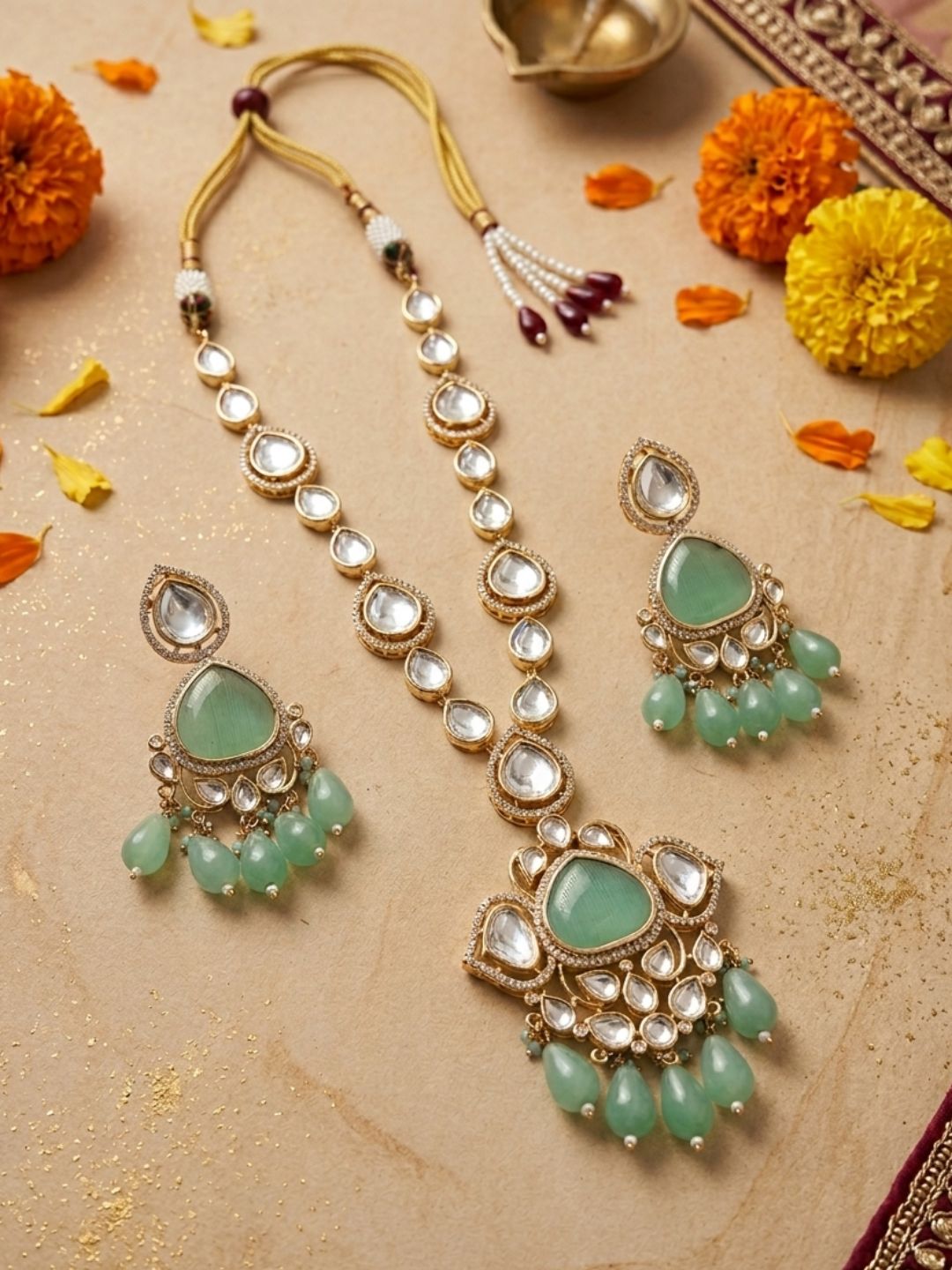 Exquisite Gold Plated mint green polki Kundan Pendant Necklace Set | Wedding And Party Wear Statement Jewellery