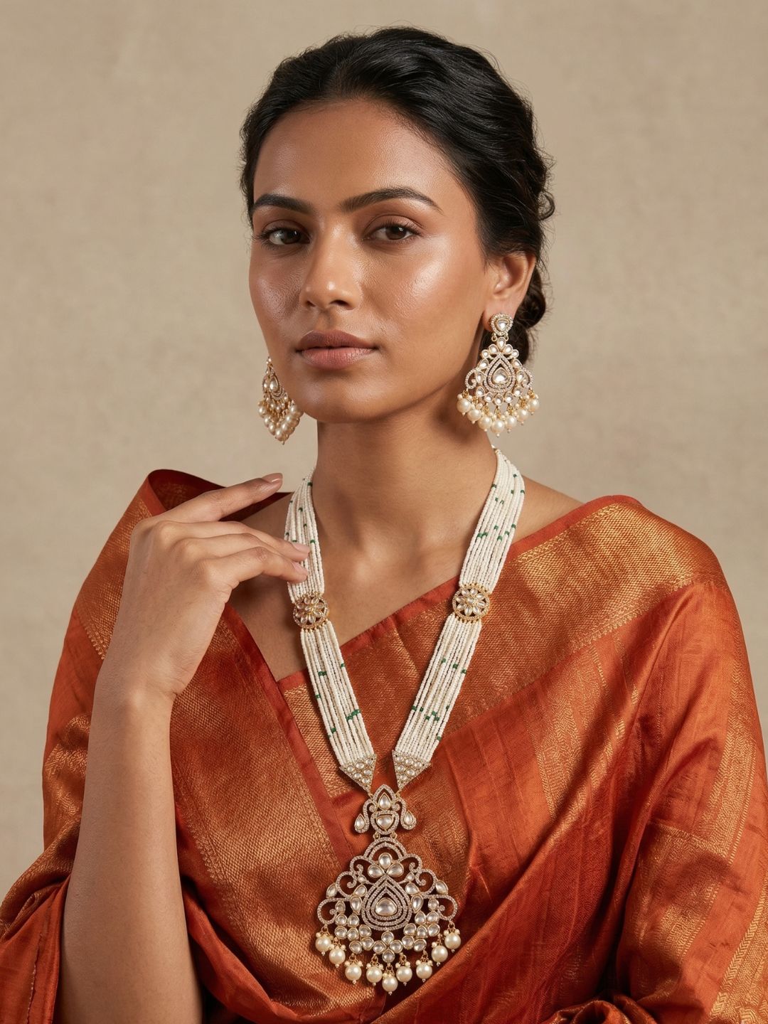 Long Mossanite Polki Pendant Necklace Set With Beaded Pearls - Luxury Wedding Necklace