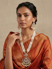 Long Mossanite Polki Pendant Necklace Set With Beaded Pearls - Luxury Wedding Necklace