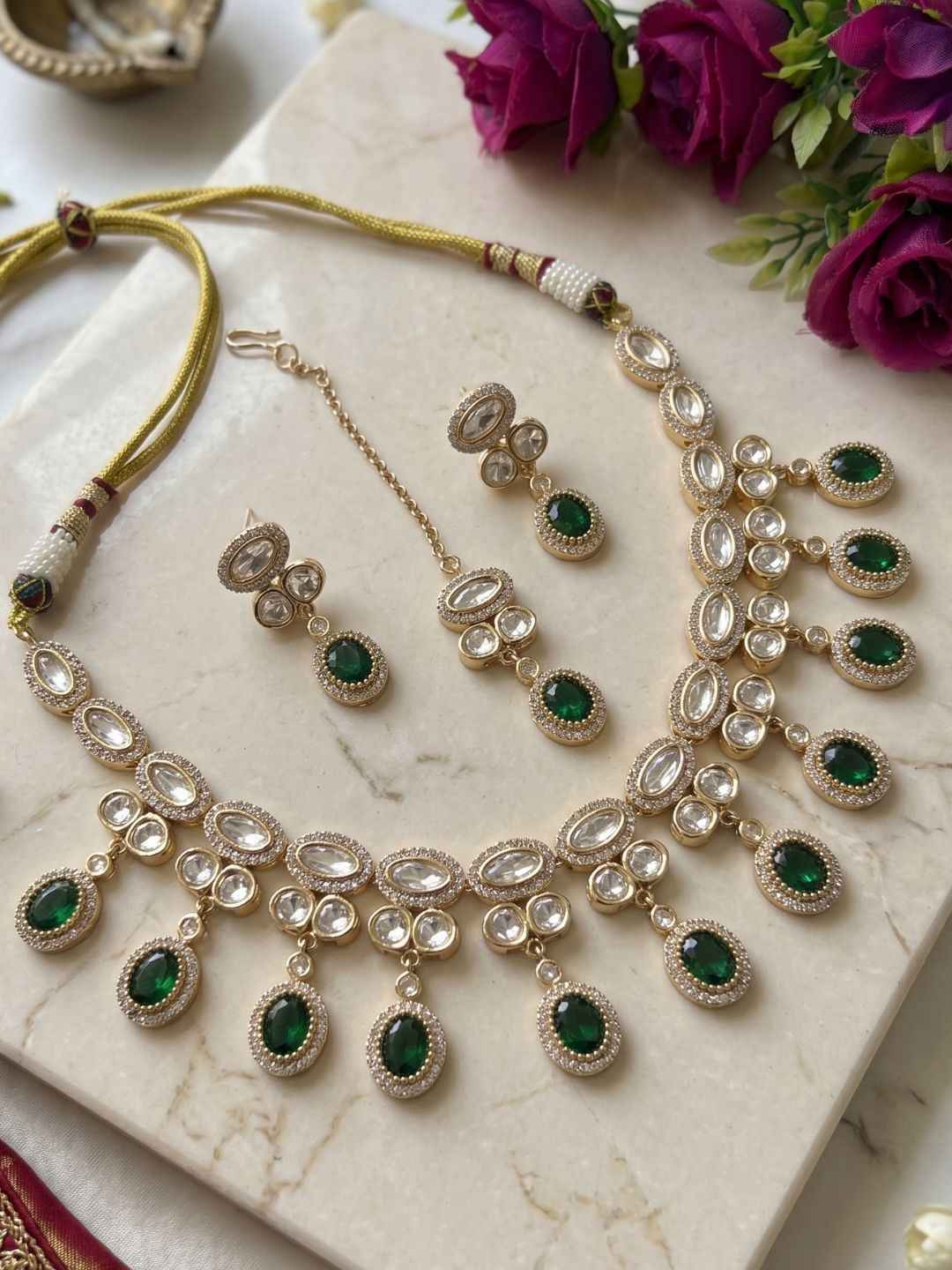 Gold Plated Polki Kundan Necklace Set With Tikka | Wedding & Festive Jewellery Set