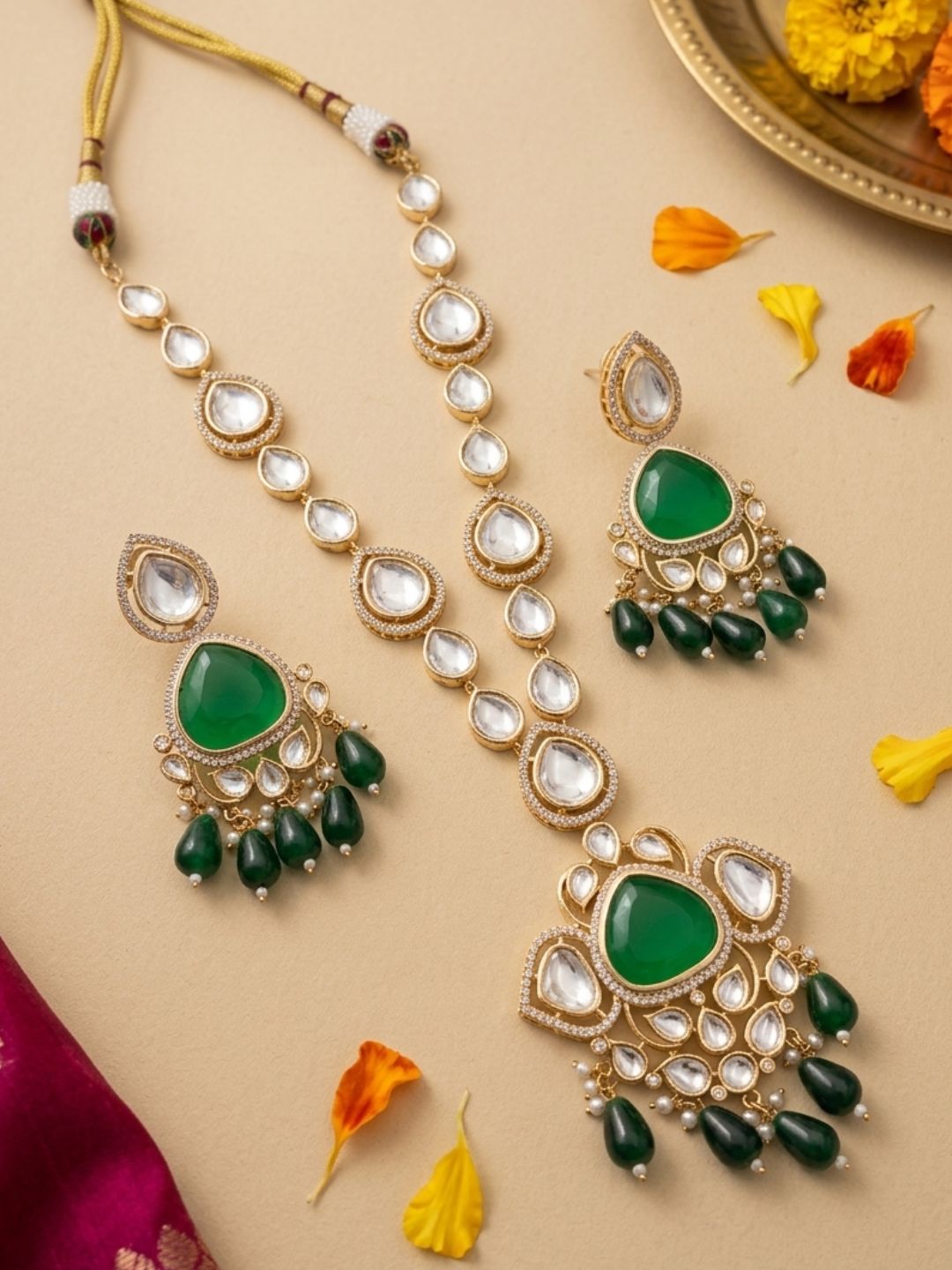 Exquisite Gold Plated Polki Kundan Pendant Necklace Set | Wedding And Party Wear Statement Jewellery