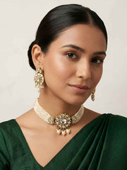 Dual Tone Mossanite Polki Beaded Choker Necklace Set - Wedding & Festive Wear