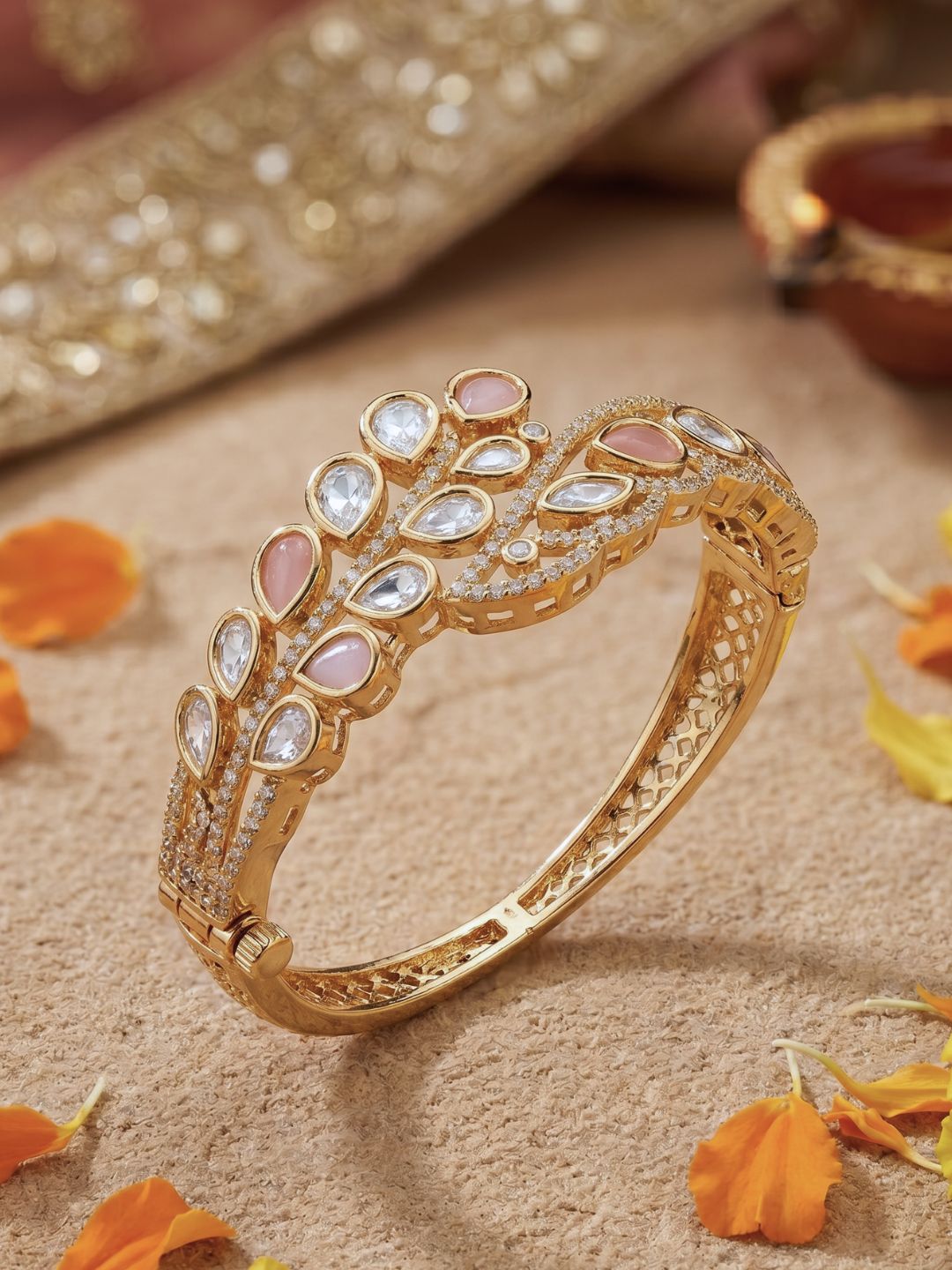 Gold Plated Ethnic Openable Pink Kundan Kada Bracelet | Wedding And Festive Jewellery
