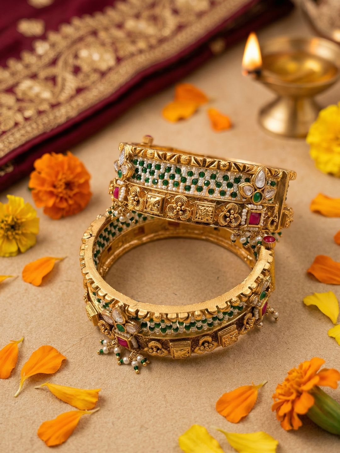Shrishti Gold Plated Antique Kundan Kada Bangles Set | Green Heritage Bangles