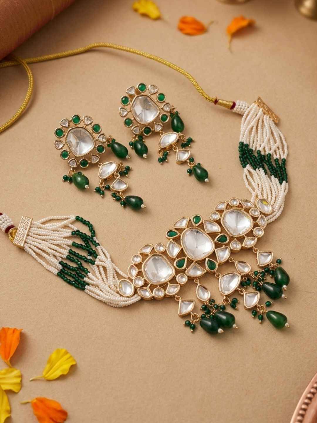 Exquisite Beaded Polki Choker Necklace Set | Statement Choker Jewellery Set