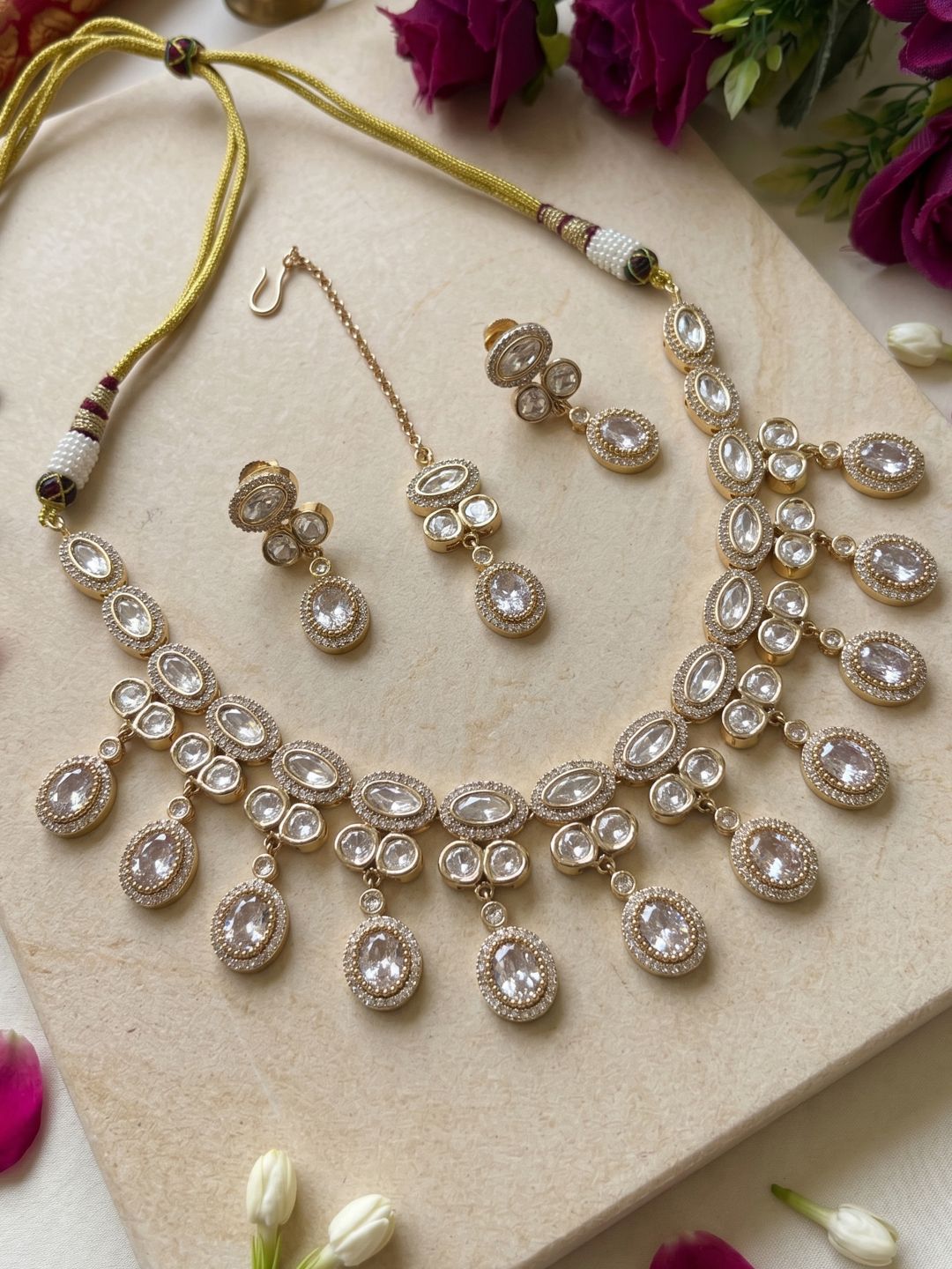 Gold Plated Polki Kundan Necklace Set With Tikka | Wedding & Festive Jewellery Set