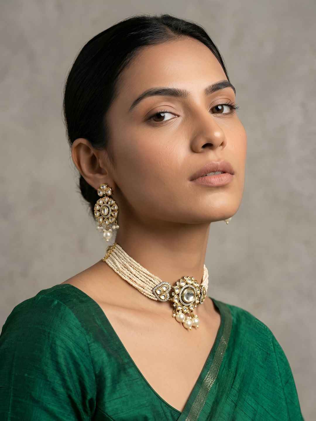 Dual Tone Mossanite Polki Beaded Choker Necklace Set - Wedding & Festive Wear