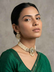 Dual Tone Mossanite Polki Beaded Choker Necklace Set - Wedding & Festive Wear