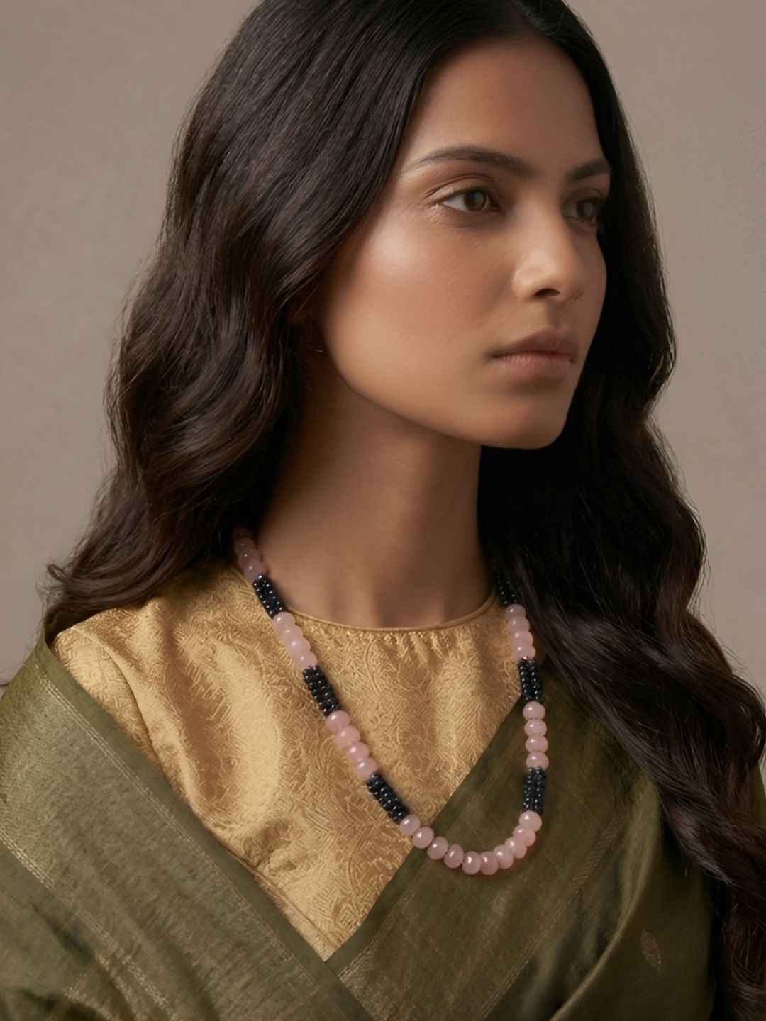 Handcrafted Single Layer Blue Hydro And Rose Quartz Beaded Necklace - Festive & Party Wear