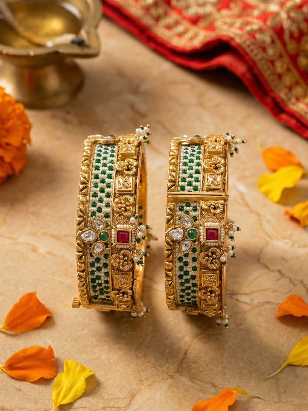 Shrishti Gold Plated Antique Kundan Kada Bangles Set | Green Heritage Bangles
