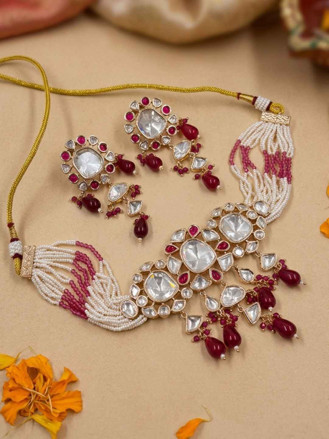Exquisite Beaded Polki Choker Necklace Set | Statement Choker Jewellery Set