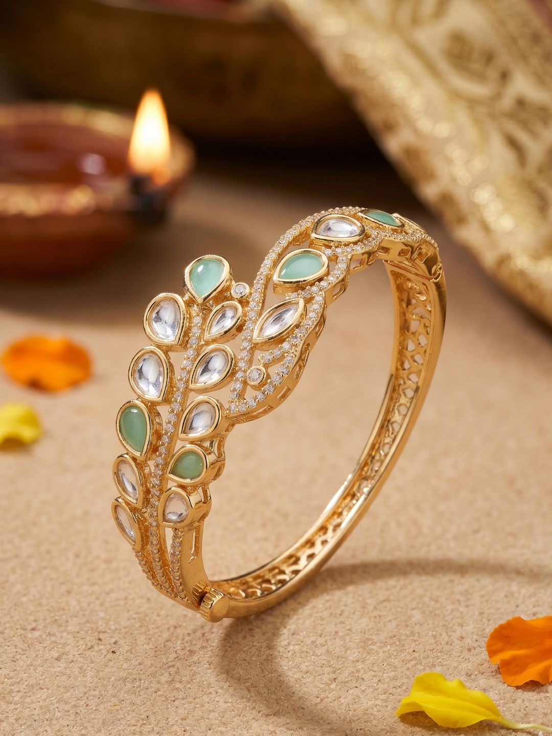 Gold Plated Ethnic Openable mint green Kundan Kada Bracelet | Wedding And Festive Jewellery
