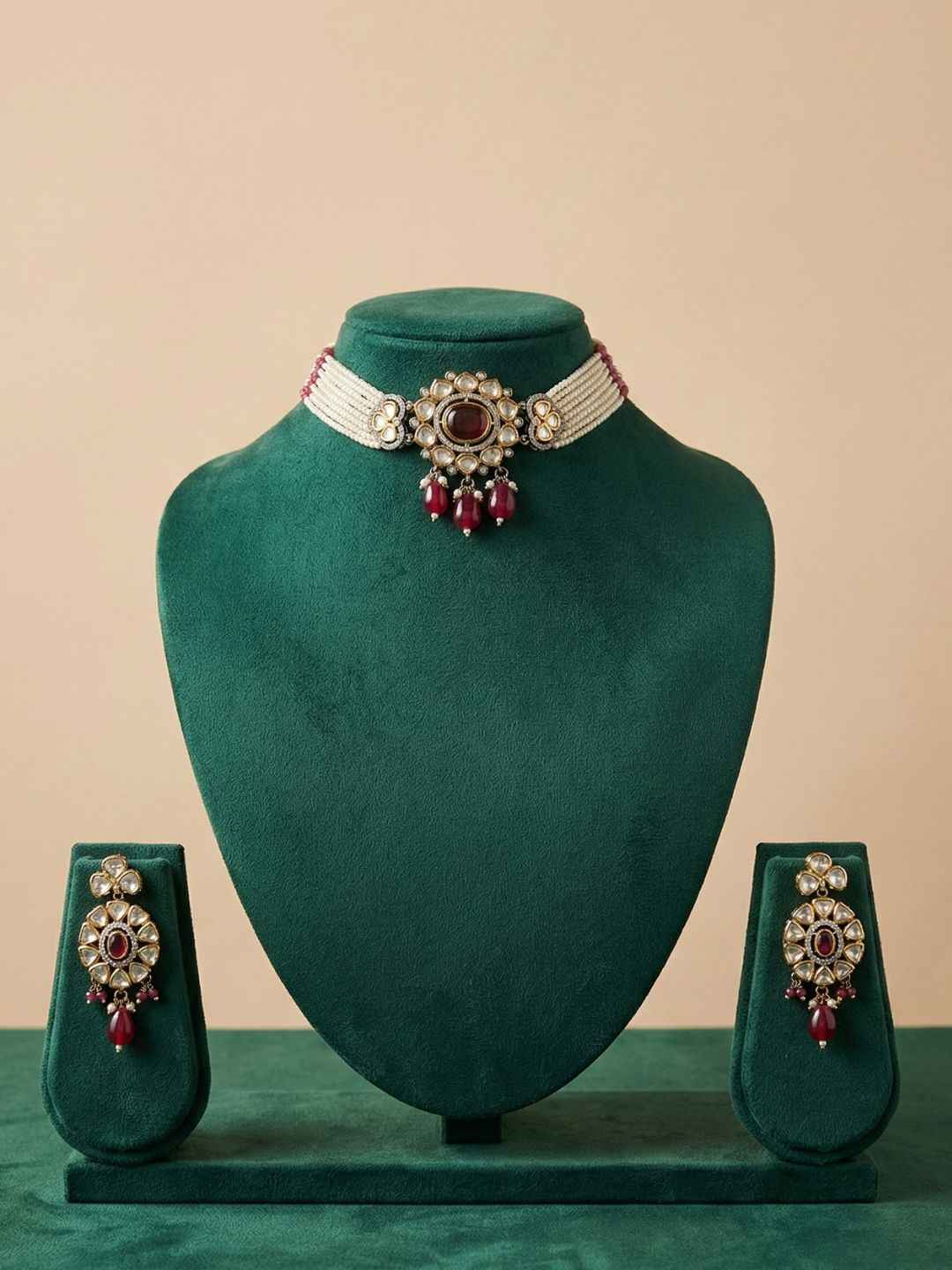 Dual Tone Mossanite Polki Beaded Choker Necklace Set - Wedding & Festive Wear