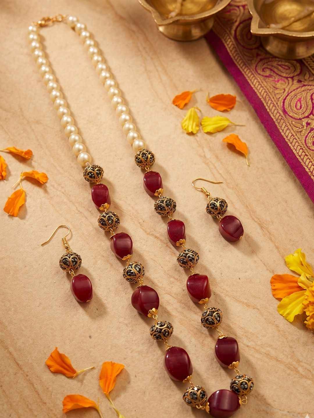 Long Semi Precious Red Jade Beaded Necklace Set For Women | Ethnic And Traditional Wear