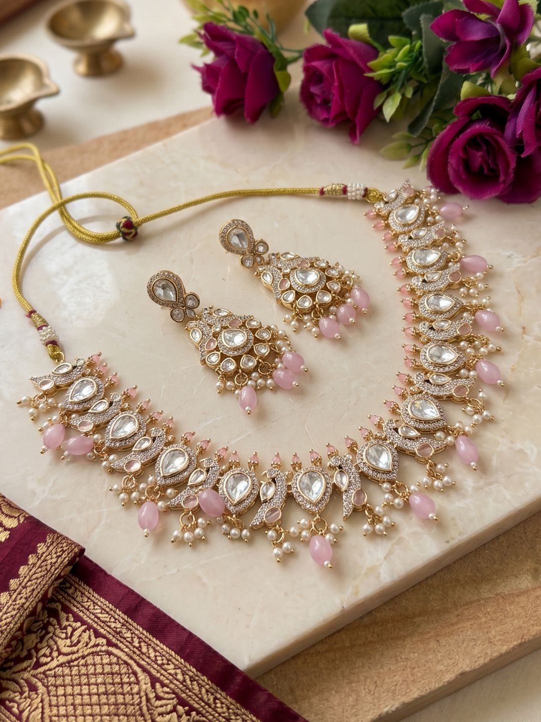 Designer Peacock Design Polki Necklace Set For Weddings And Parties